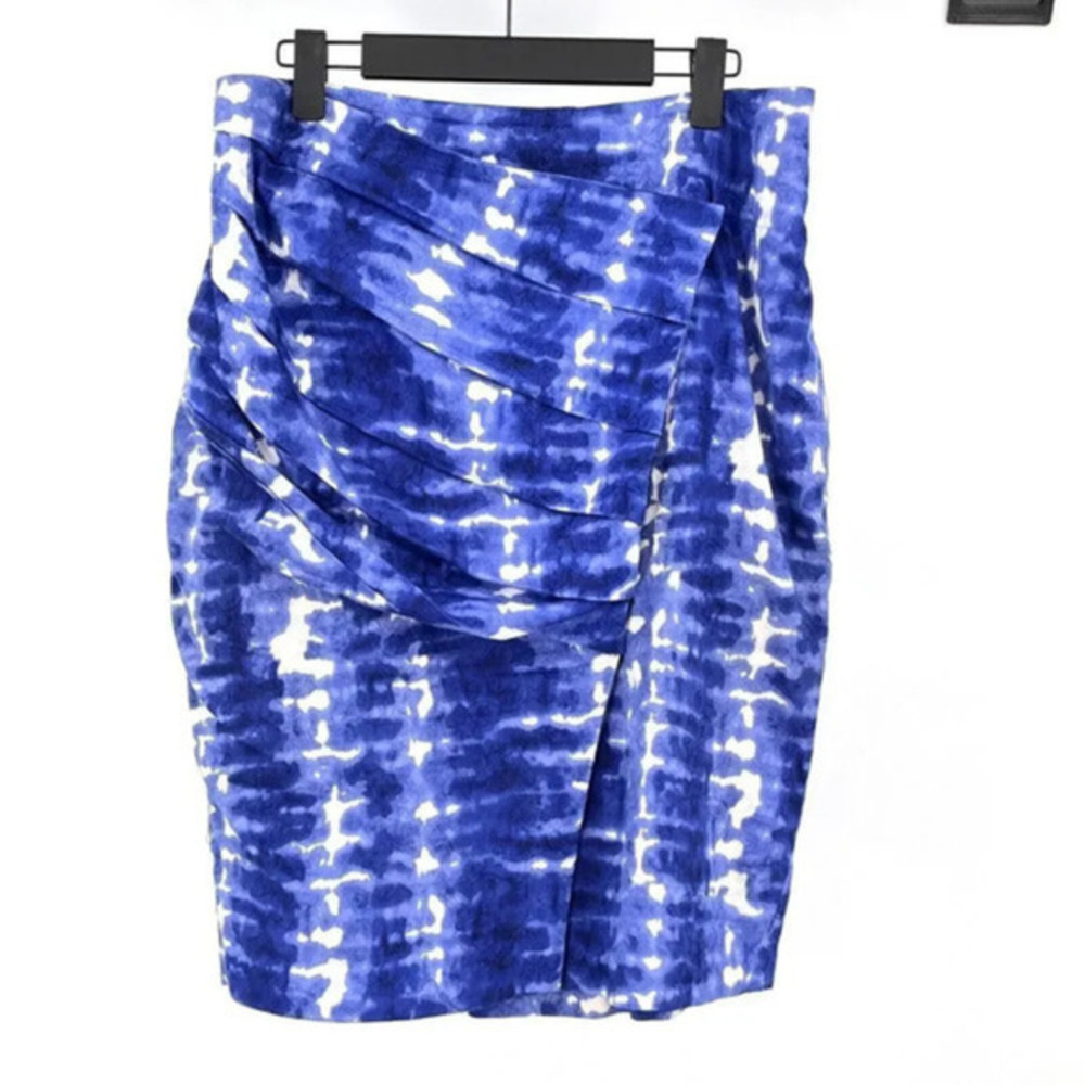 Anthropologie Eva‎ Franco Pencil Skirt 10 Blue Tie Dye Pleated Front Casual Boho